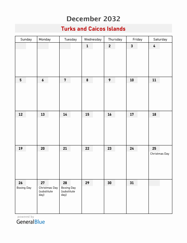 Turks and Caicos Islands December 2032 Calendar with Holidays