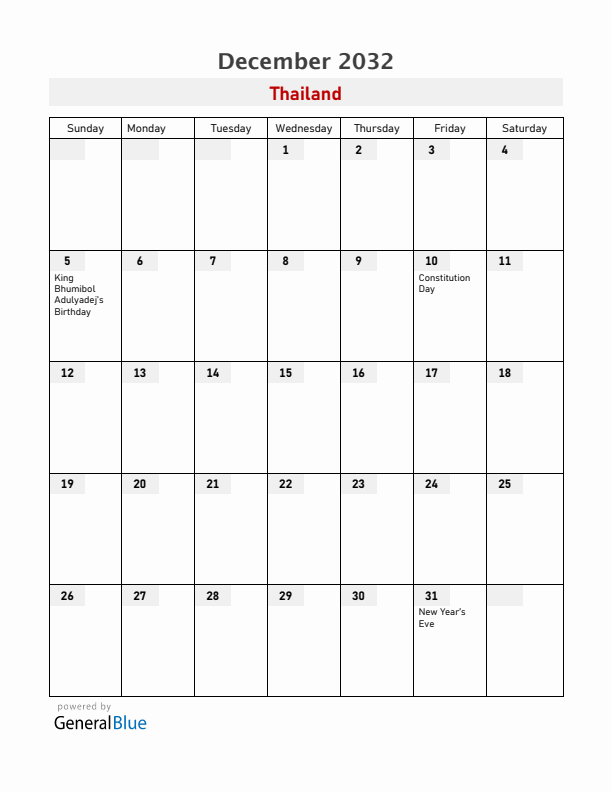 Thailand December 2032 Calendar with Holidays