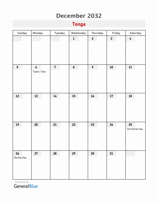 Tonga December 2032 Calendar with Holidays