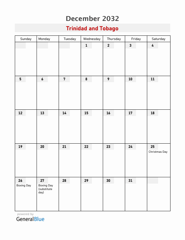 Trinidad and Tobago December 2032 Calendar with Holidays
