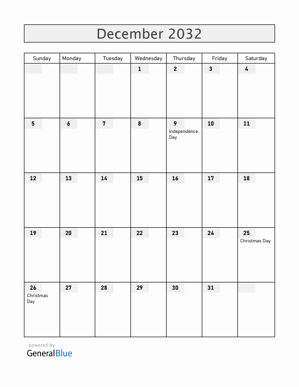 Tanzania December 2032 Calendar with Holidays