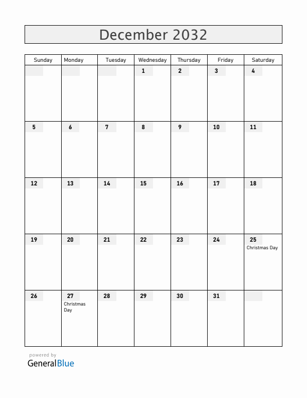 Ukraine December 2032 Calendar with Holidays