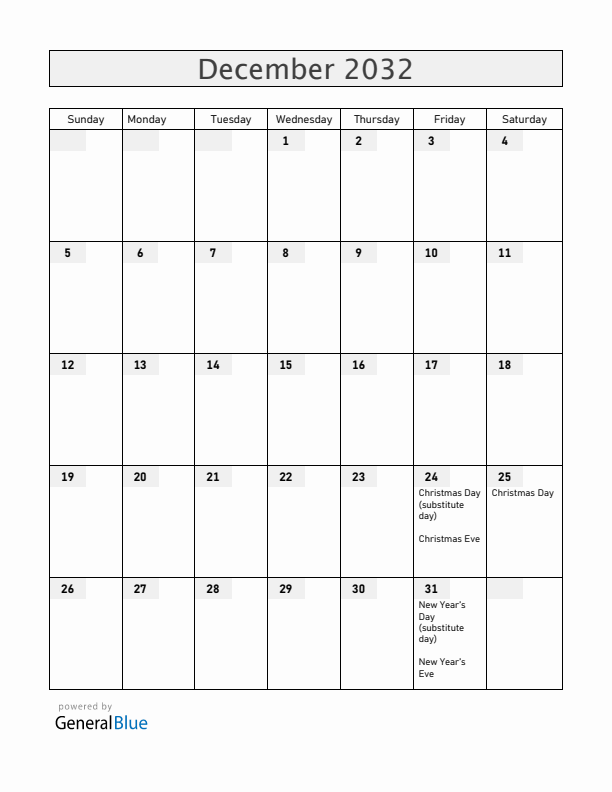 United States December 2032 Calendar with Holidays