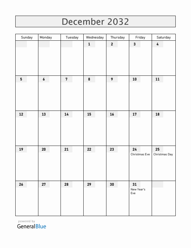 Uruguay December 2032 Calendar with Holidays
