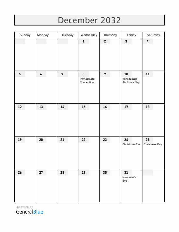 Venezuela December 2032 Calendar with Holidays
