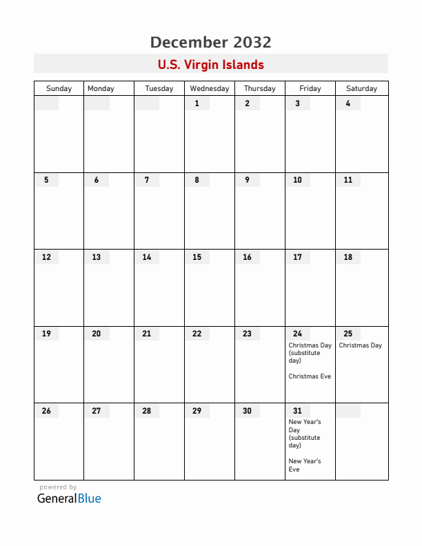 U.S. Virgin Islands December 2032 Calendar with Holidays