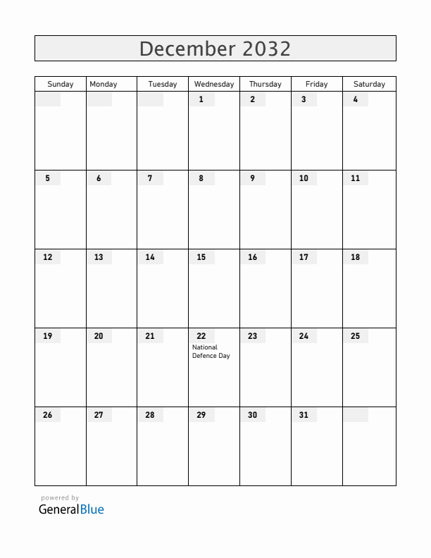 Vietnam December 2032 Calendar with Holidays
