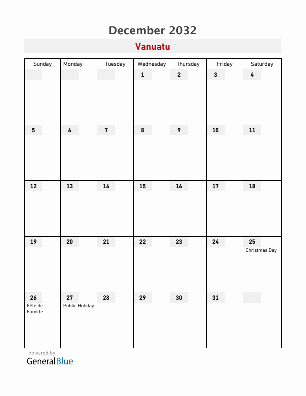Vanuatu December 2032 Calendar with Holidays