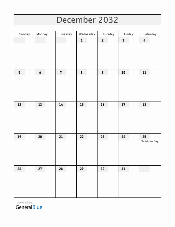 Zambia December 2032 Calendar with Holidays