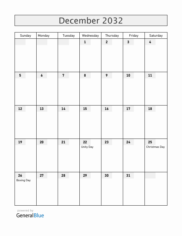 Zimbabwe December 2032 Calendar with Holidays