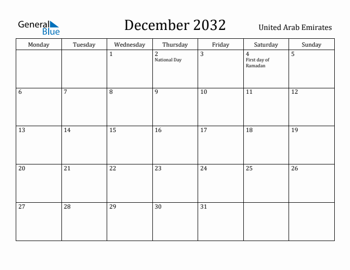 December 2032 Calendar United Arab Emirates