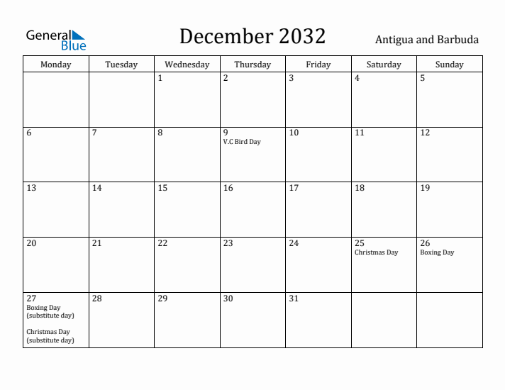 December 2032 Calendar Antigua and Barbuda