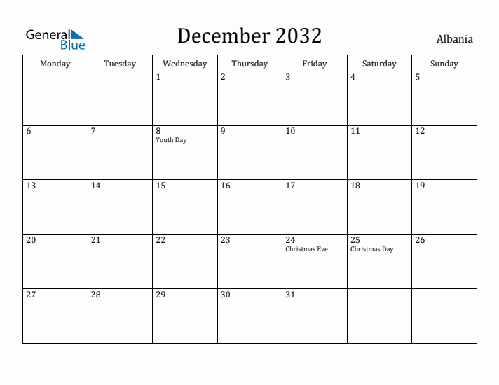 December 2032 Calendar Albania