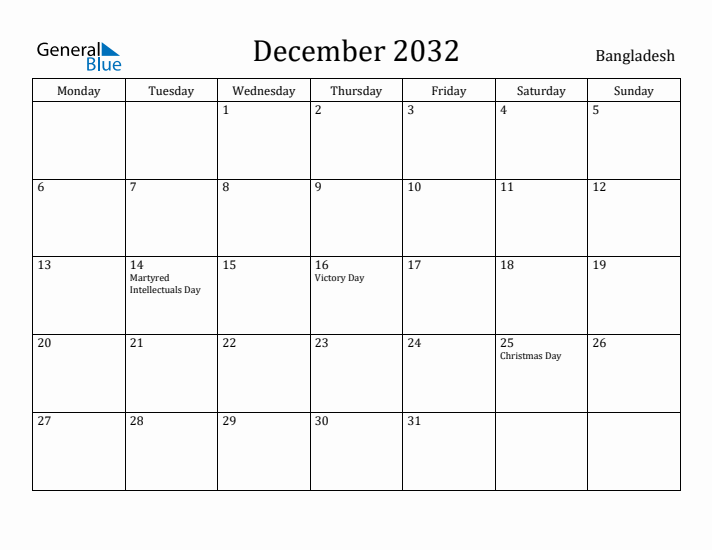 December 2032 Calendar Bangladesh