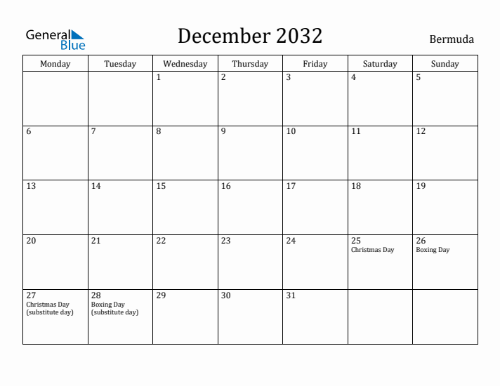 December 2032 Calendar Bermuda