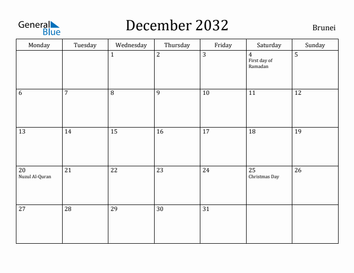 December 2032 Calendar Brunei
