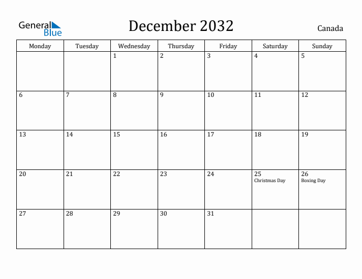 December 2032 Calendar Canada