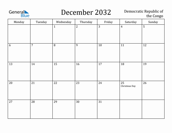 December 2032 Calendar Democratic Republic of the Congo
