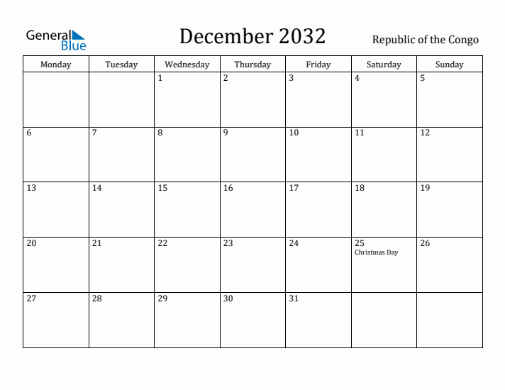 December 2032 Calendar Republic of the Congo
