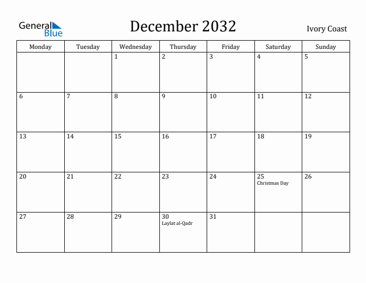 December 2032 Calendar Ivory Coast