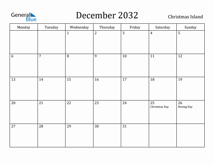 December 2032 Calendar Christmas Island
