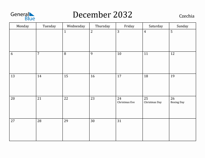 December 2032 Calendar Czechia