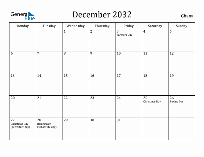December 2032 Calendar Ghana