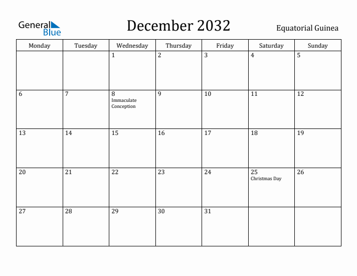December 2032 Calendar Equatorial Guinea
