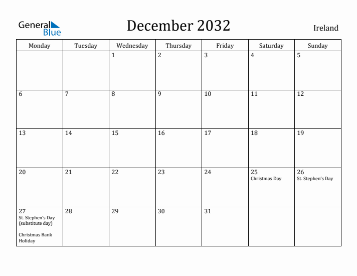 December 2032 Calendar Ireland