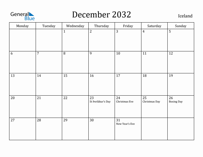 December 2032 Calendar Iceland
