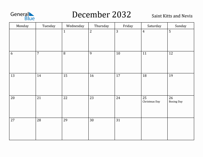 December 2032 Calendar Saint Kitts and Nevis