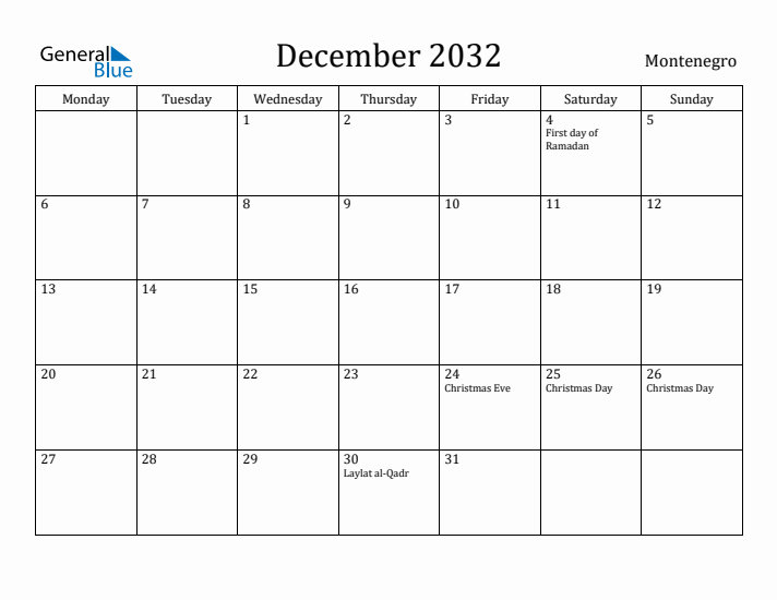 December 2032 Calendar Montenegro