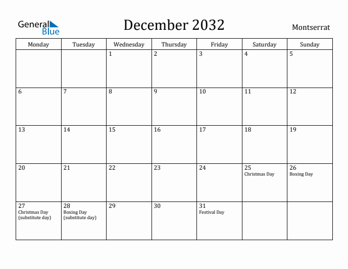 December 2032 Calendar Montserrat