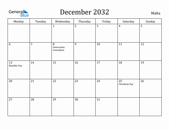 December 2032 Calendar Malta