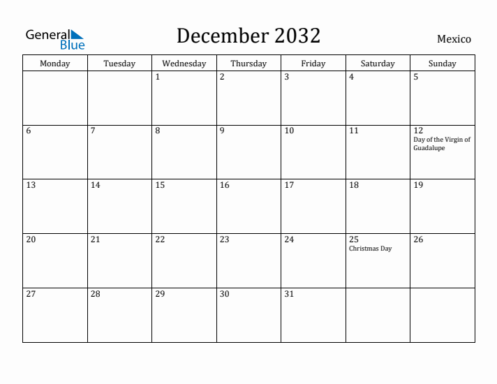 December 2032 Calendar Mexico
