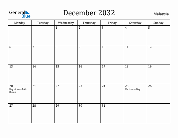 December 2032 Calendar Malaysia