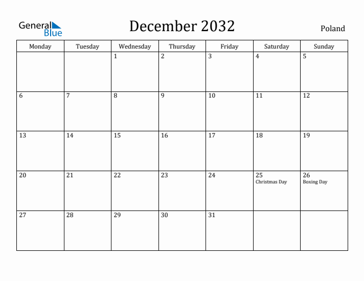 December 2032 Calendar Poland