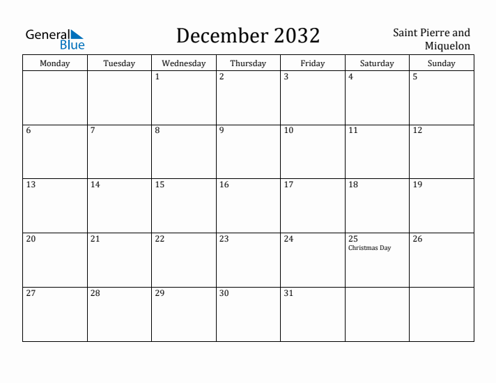 December 2032 Calendar Saint Pierre and Miquelon