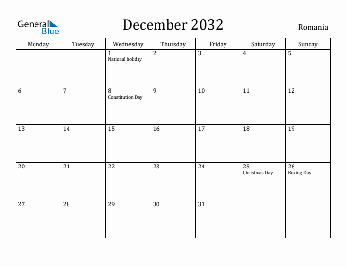 December 2032 Calendar Romania