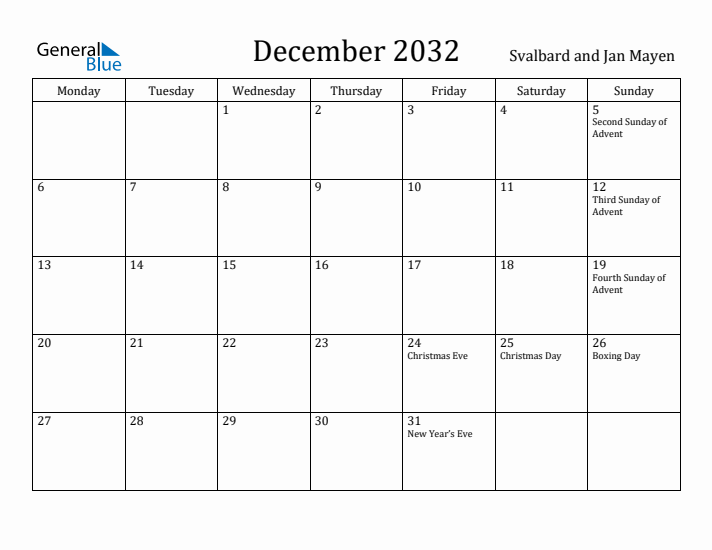 December 2032 Calendar Svalbard and Jan Mayen