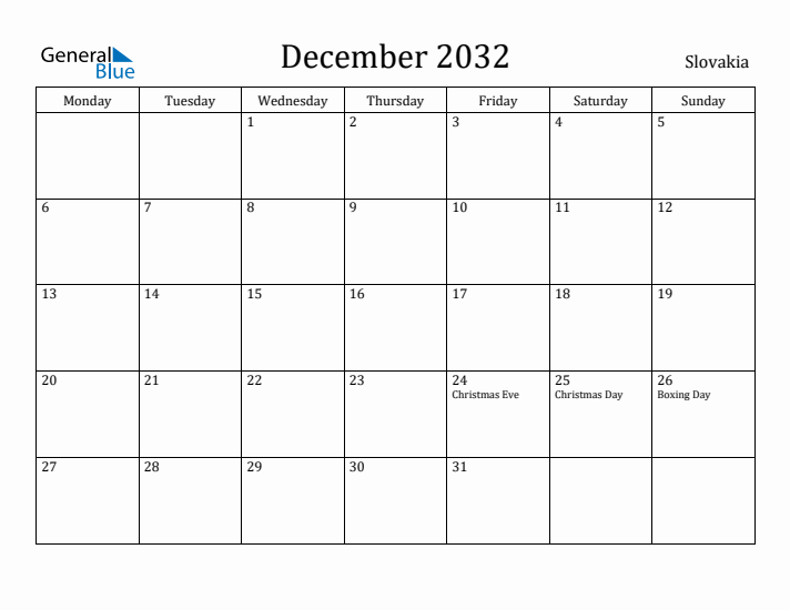 December 2032 Calendar Slovakia