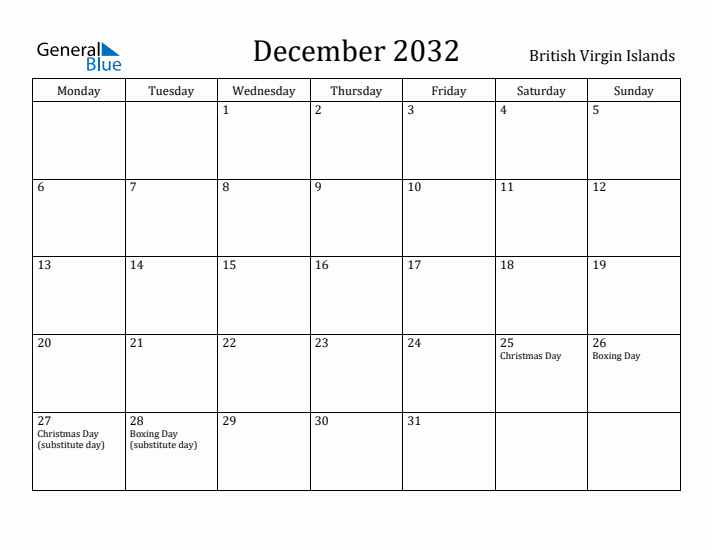 December 2032 Calendar British Virgin Islands