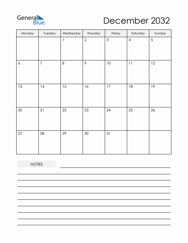 Printable Calendar with Notes - December 2032 
