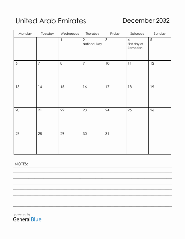 December 2032 United Arab Emirates Calendar with Holidays (Monday Start)
