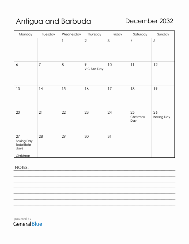 December 2032 Antigua and Barbuda Calendar with Holidays (Monday Start)