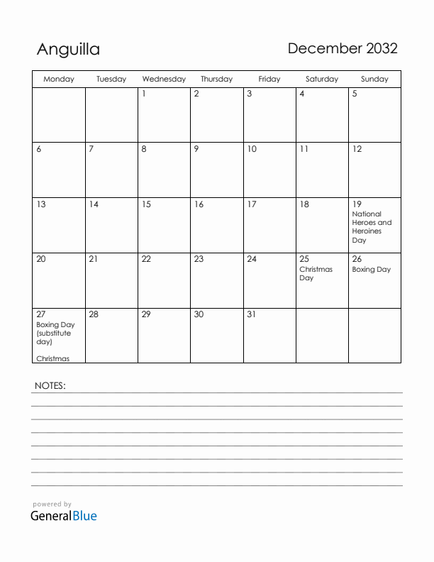 December 2032 Anguilla Calendar with Holidays (Monday Start)