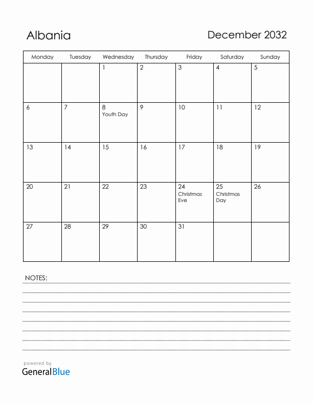 December 2032 Albania Calendar with Holidays (Monday Start)