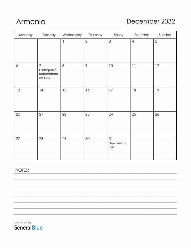 December 2032 Armenia Calendar with Holidays (Monday Start)