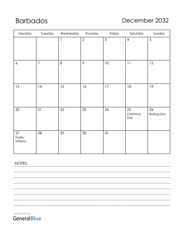 December 2032 Barbados Calendar with Holidays (Monday Start)