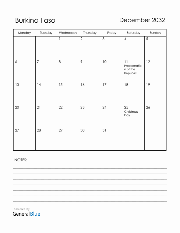 December 2032 Burkina Faso Calendar with Holidays (Monday Start)